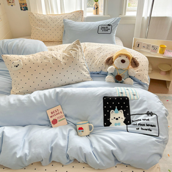 Ins Towel Embroidered Washed Cotton Four-Piece Set Cute Cartoon Bed Sheet Duvet Cover Single Student Dormitory Three-Piece Bedding Set