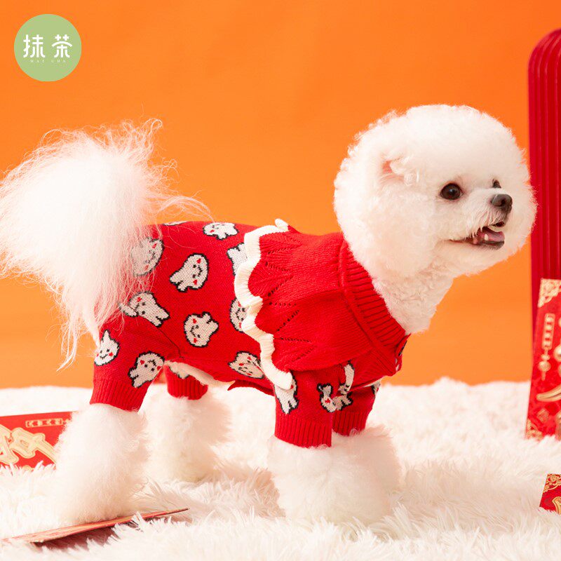 Year of the Rabbit Bixiong dog New Year's greetings New Year's New Year Spring Festival puppy clothes winter clothes small dogs red festive four-legged