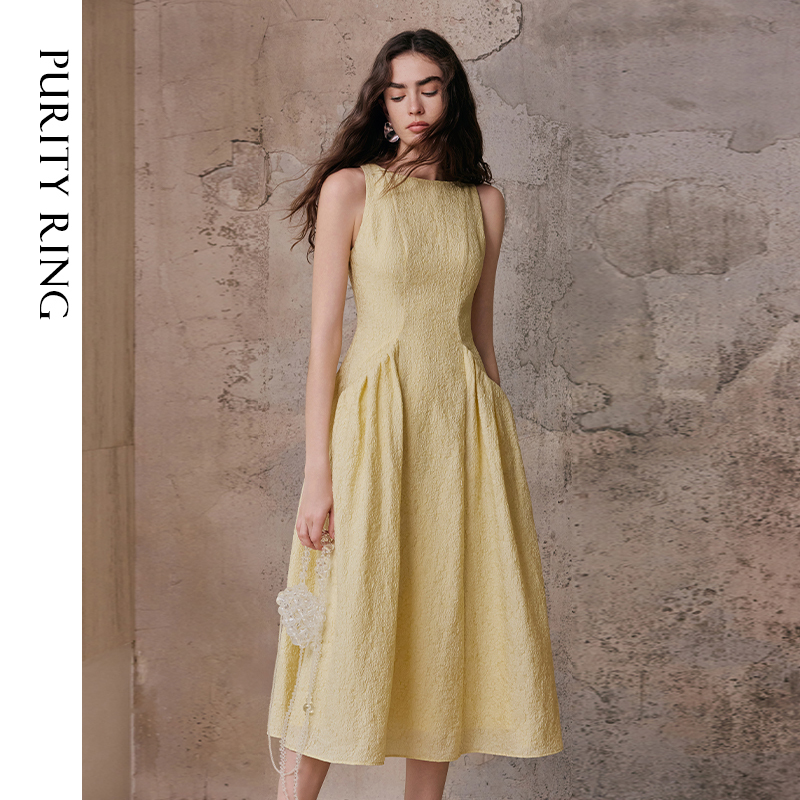 Purity Ring Lightness and Beauty | Fashionable Design Jacquard Sleeveless Goose Yellow Waist-Cinching Dress Purity Ring Lightness and Beauty | Fashionable Design Jacquard Sleeveless Goose Yellow Waist-Cinching Dress