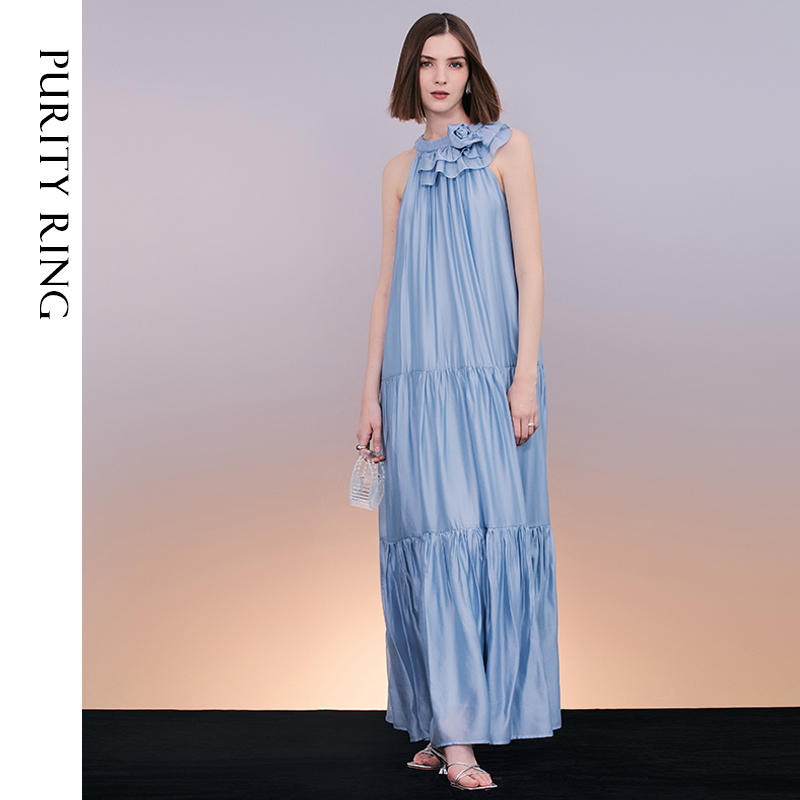 Purity Ring Is Ethereal and Captivating |   Gentle Aqua Blue Soft Light Floral Holiday Halter Neck Long Dress