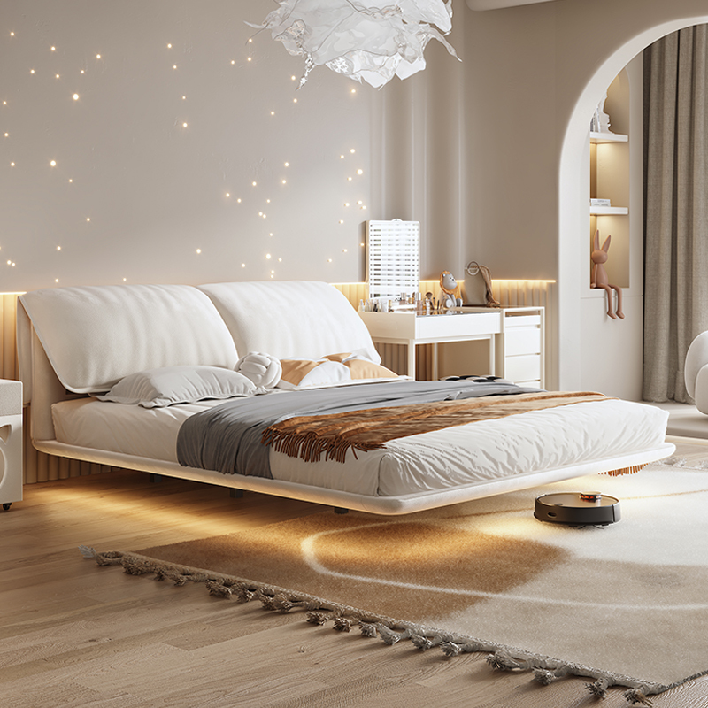 Floating Bed with Cat Scratcher, Elephant Ear Design, Double Bed for Master Bedroom, Large Solid Wood Bed with Storage, Upholstered Fabric Bed with Removable and Washable Cover