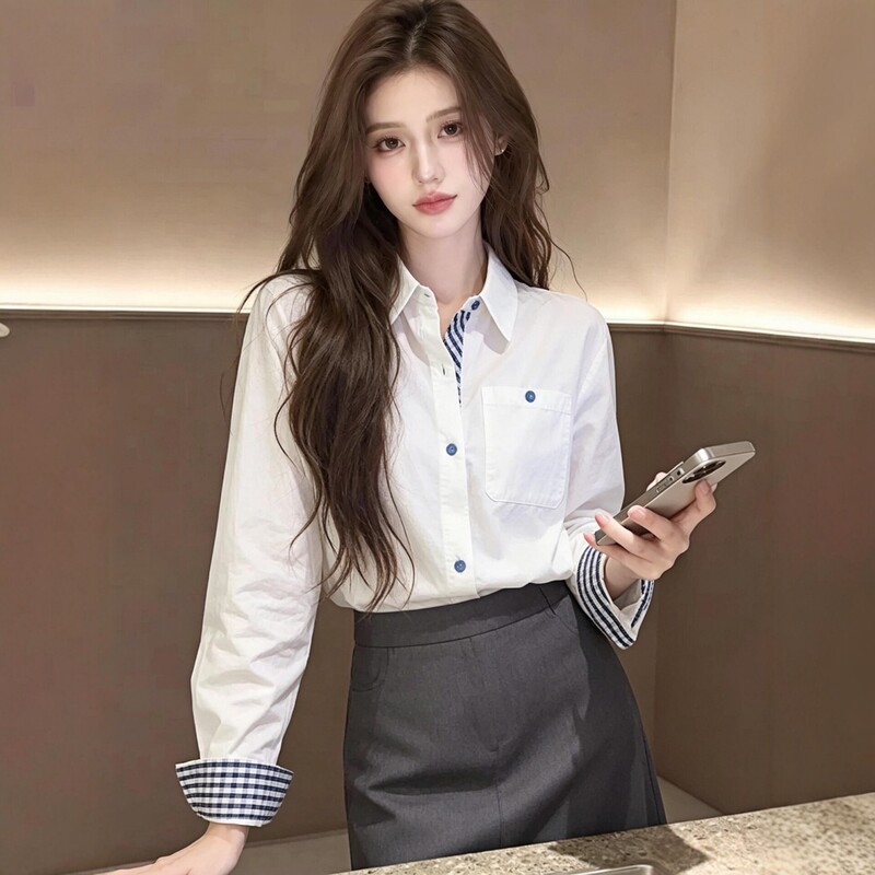 White Polo Collar Long-Sleeve Shirt for Women, Summer Design with French-Style Patchwork Plaid, High-End Shirt Top White Polo Collar Long-Sleeve Shirt for Women, Summer Design with French-Style Patchwork Plaid, High-End Shirt Top
