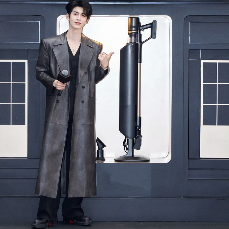 Zhang Linghe's Same Style Autumn and Winter Leather Trench Coat, Trendy, High-End, Fashionable, Korean Style, Elegant Long Jacket for Outerwear