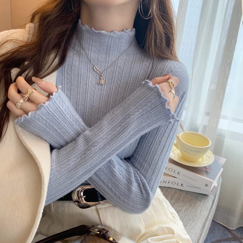 Blue Base Shirt for Women 2026 New Spring and Autumn Inner Layer with a High-End Feel, Half-High Collar Sweater with Ruffled Edges, Knitted Top Blue Base Shirt for Women 2026 New Spring and Autumn Inner Layer with a High-End Feel, Half-High Collar Sweater with Ruffled Edges, Knitted Top