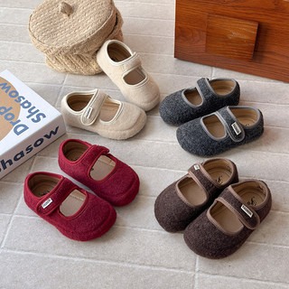 Girls' Korean Style Mary Jane Woolen Leather Shoes 2026 Spring and Autumn New Soft-Soled Puff Shoes Little Children's Princess Shoes Single Shoes
