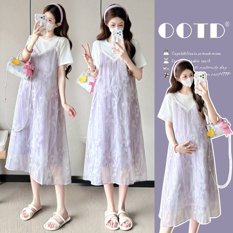 French Uamtor Maternity Dress Summer 2026 Floral Patchwork Fake Two-Piece Fresh and Stylish Without Revealing Pregnancy