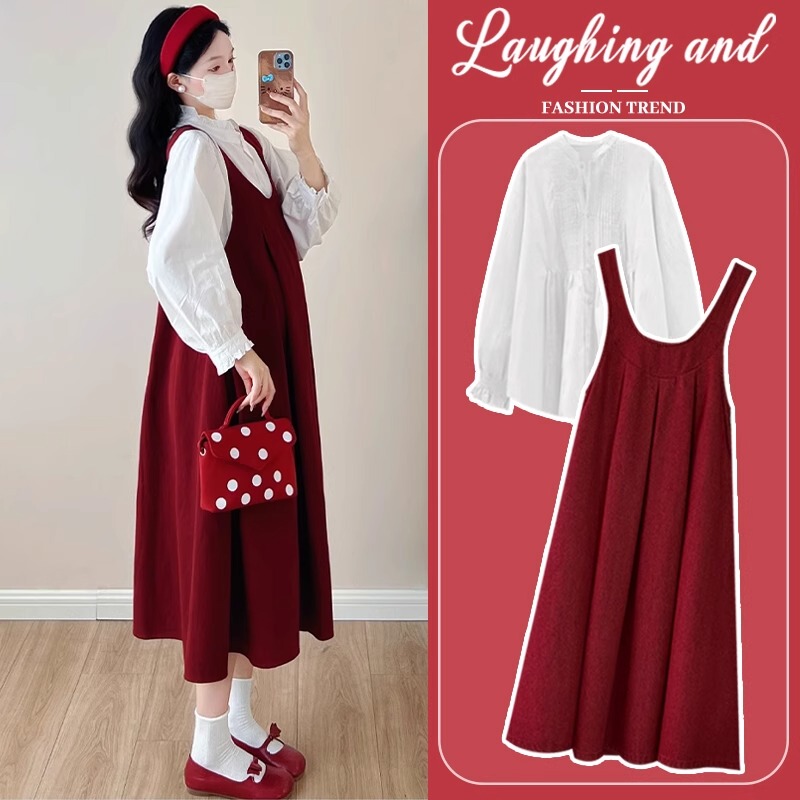 French Uamtor Maternity Suit, New Autum Style, French High-End Red Suspender Dress and Shirt Two-Piece Set French Uamtor Maternity Suit, New Autum Style, French High-End Red Suspender Dress and Shirt Two-Piece Set
