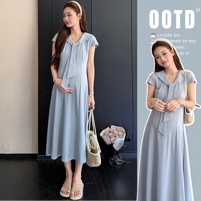 French Uamtor Maternity Dress 2026 Summer New Style Blue Sailor Collar Fashionable Elegant Slimming Dress French Uamtor Maternity Dress 2026 Summer New Style Blue Sailor Collar Fashionable Elegant Slimming Dress