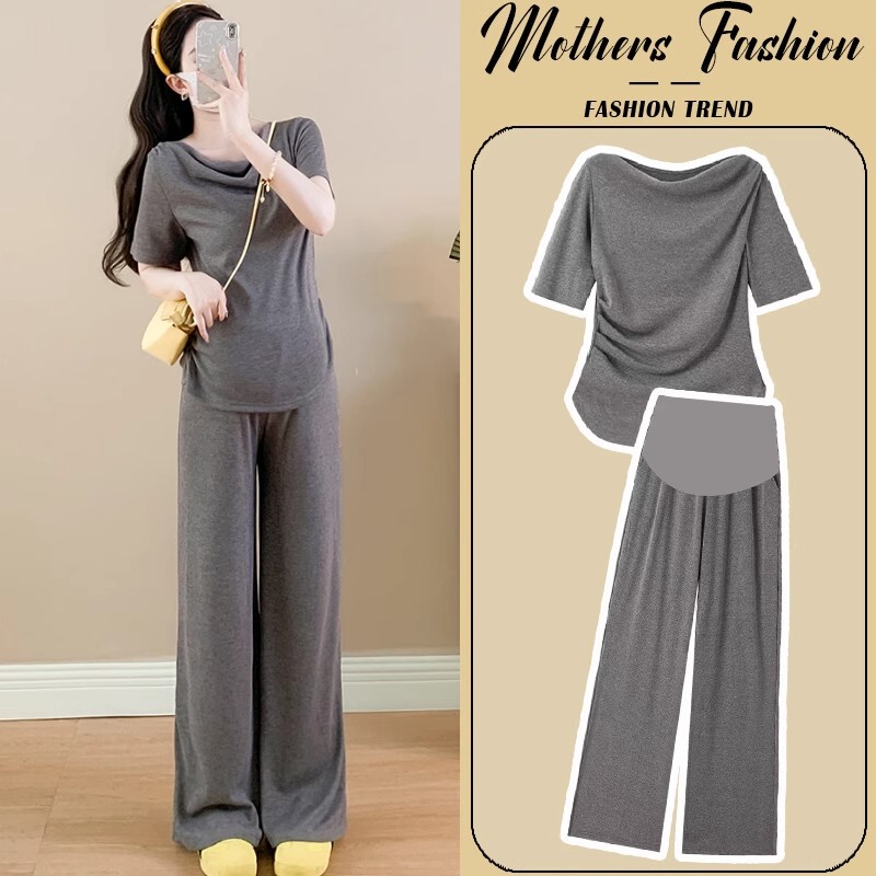 French Uamtor Maternity Suit Summer 2026 New Stylish and Fashionable Gray Off-Shoulder Top and Pants Two-Piece Set French Uamtor Maternity Suit Summer 2026 New Stylish and Fashionable Gray Off-Shoulder Top and Pants Two-Piece Set