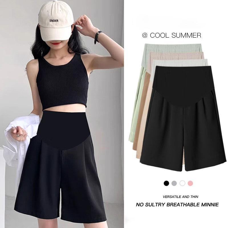 French Uamtor Maternity Shorts, Summer Thin Casual Suit Pants, Loose Slimming Black Wide-Leg Pants