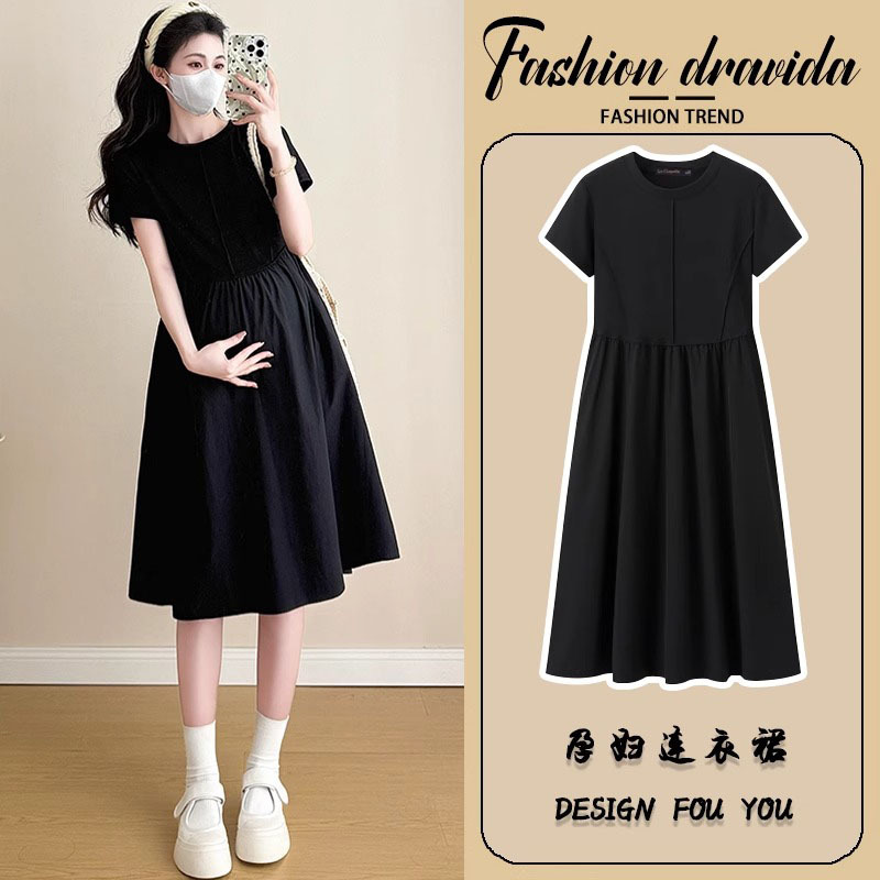 French Uamtor Maternity Dress Summer 2026 New Style Petite Hepburn Style Short-Sleeved Round Neck Black A-Line Dress French Uamtor Maternity Dress Summer 2026 New Style Petite Hepburn Style Short-Sleeved Round Neck Black A-Line Dress