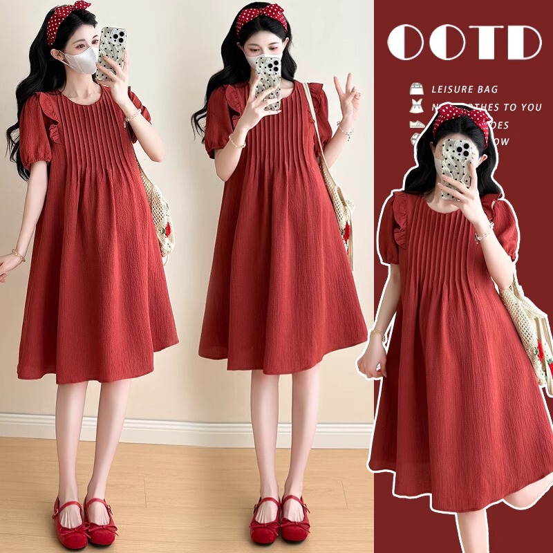 French Uamtor Maternity Dress Summer 2026 New Fashion Ruffled Age-Reducing Elegant Red Pleated Dress