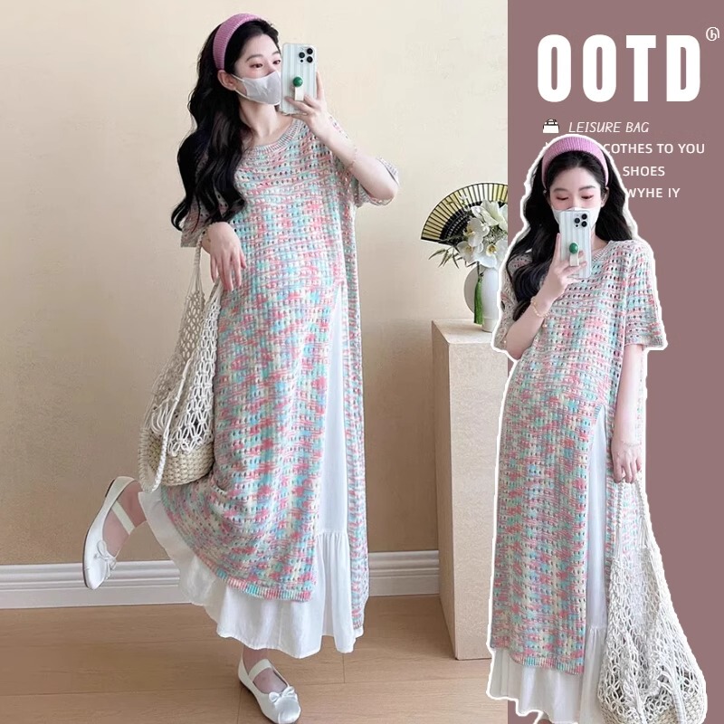 French Uamtor Maternity Wear Summer Colorful Knitted French-Style Hollow-Out Dress with a Layered Design and Long Skirt