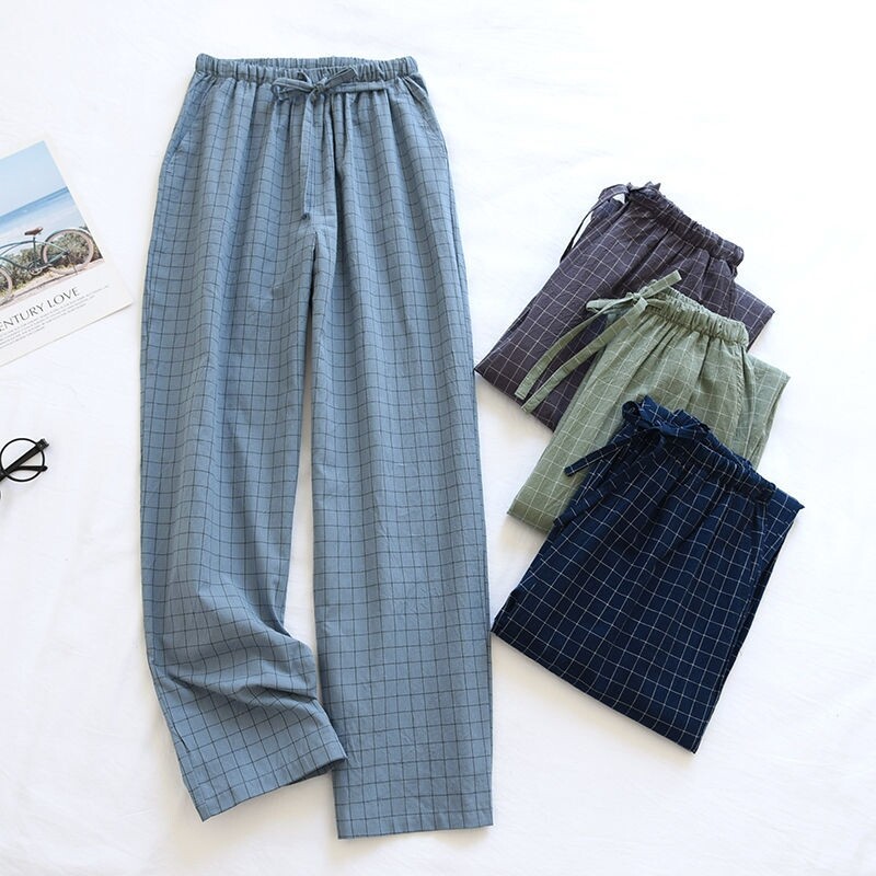 Youth pajamas cotton men's pajamas pajamas summer ultra-thin anti-mosquito pants Japanese plaid home large size washable