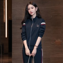 ANTA Spring and Autumn Womens Lapel Cardigan Sports Suit Korean Style Casual Fashion Contrast Color Sweatshirt Womens Two-piece Set