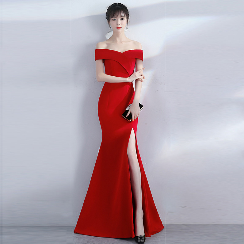 Western Dining Etiquette Course Evening Dress Banquet Women's Off-Shoulder Fishtail Hostess Etiquette Lady Model Annual Meeting Long Dress