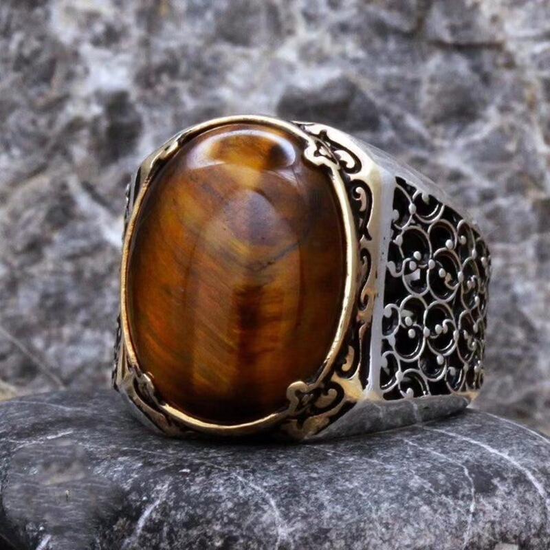Turkish B Handmade Vintage Exquisite Cabochon Brown Open Natural Tiger Eye Stone Carved Ring Qixi Festival Gift