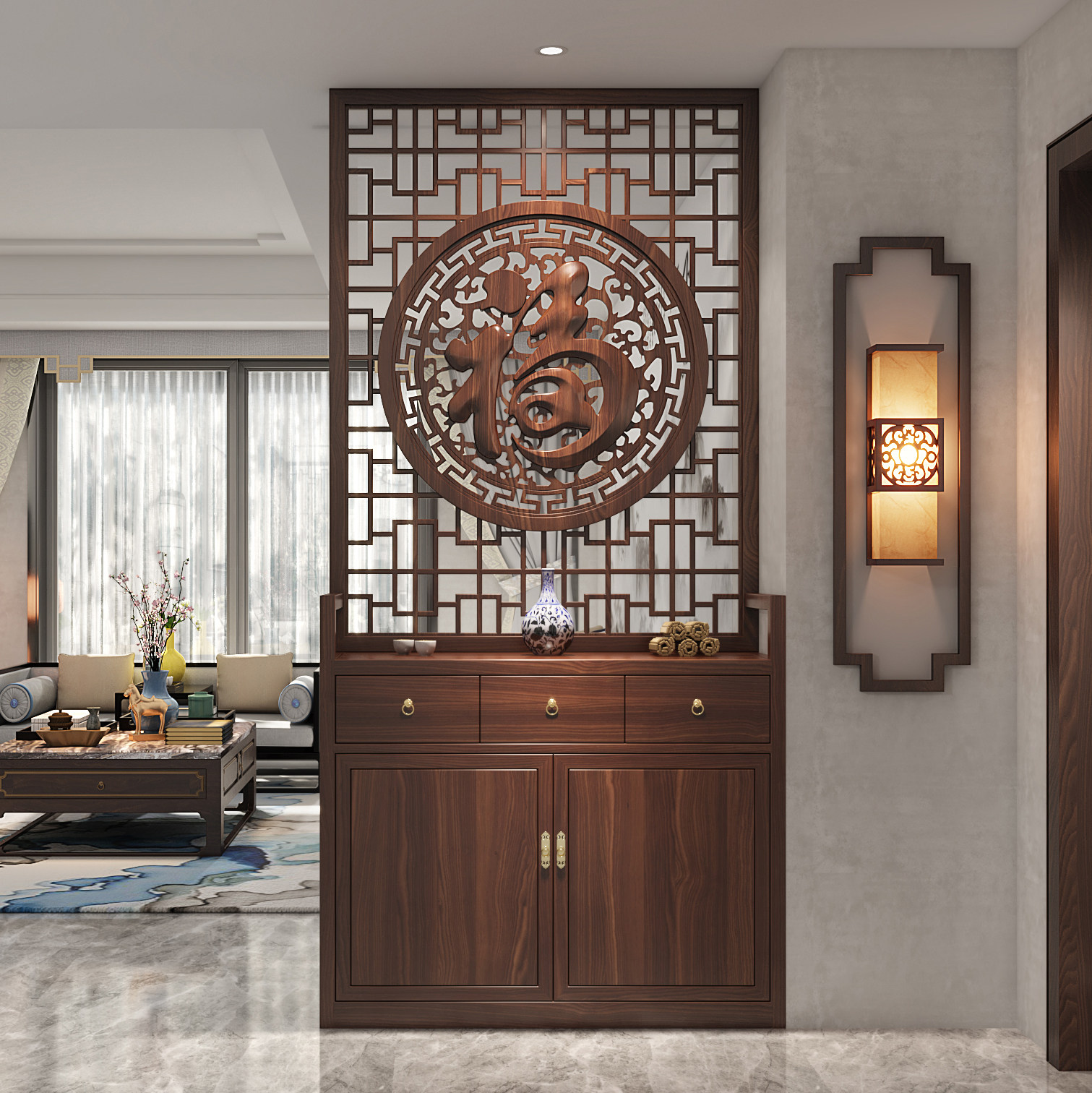 Screen partition living room cabinet new Chinese style solid wood relief blocking decorative shoe cabinet integrated entry door entrance cabinet