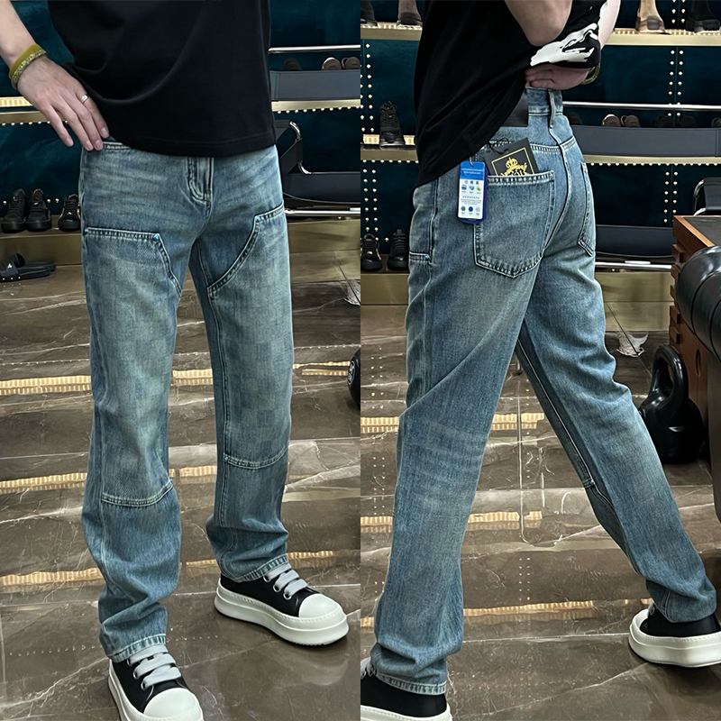 Men's Jeans 2026 Spring/Summer Checkered Straight-Leg Jeans with Patchwork Trendy Brand European and American Style Cool Pants Men's Jeans 2026 Spring/Summer Checkered Straight-Leg Jeans with Patchwork Trendy Brand European and American Style Cool Pants