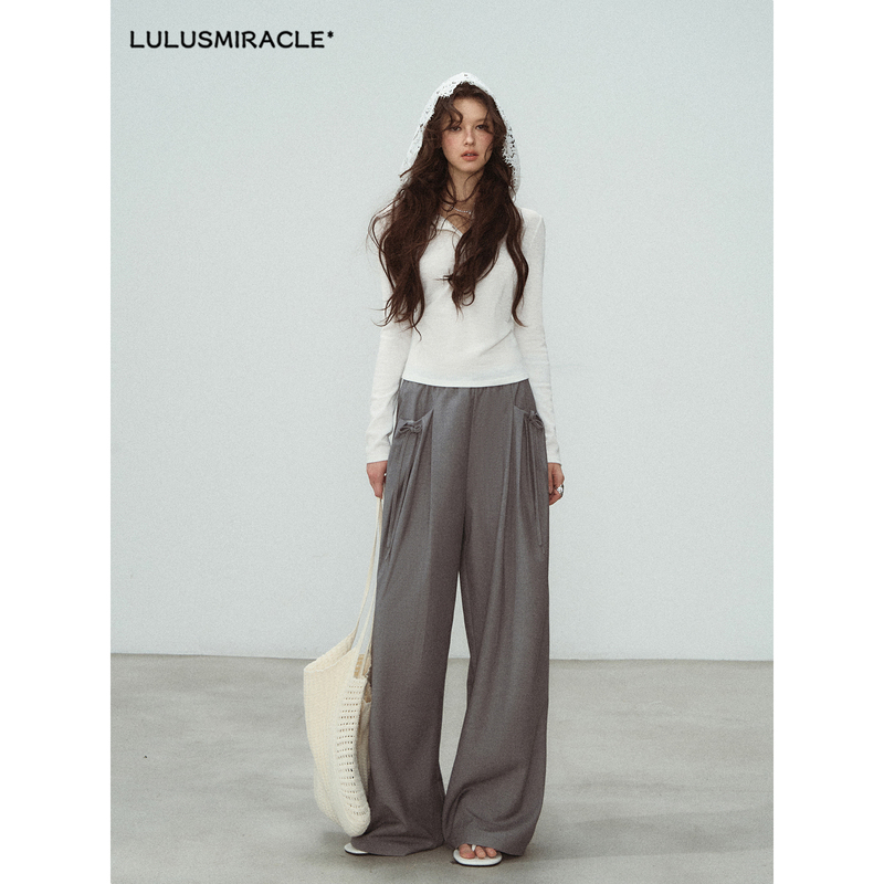 Lulusmiracle【Floral Pattern Trousers】Gray High-Waisted Straight-Leg Casual Pants for Women, Draped and Versatile Wide-Leg Trousers
