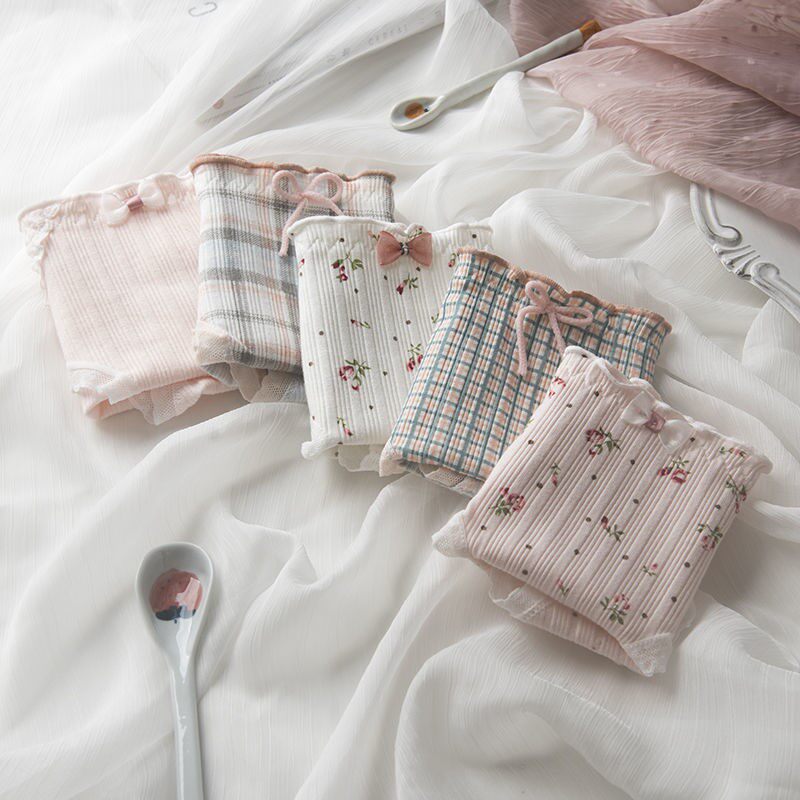 5 strips of pink crushed flower plaid cotton briefs female Japanese girl students breathable full cotton large size triangular pants