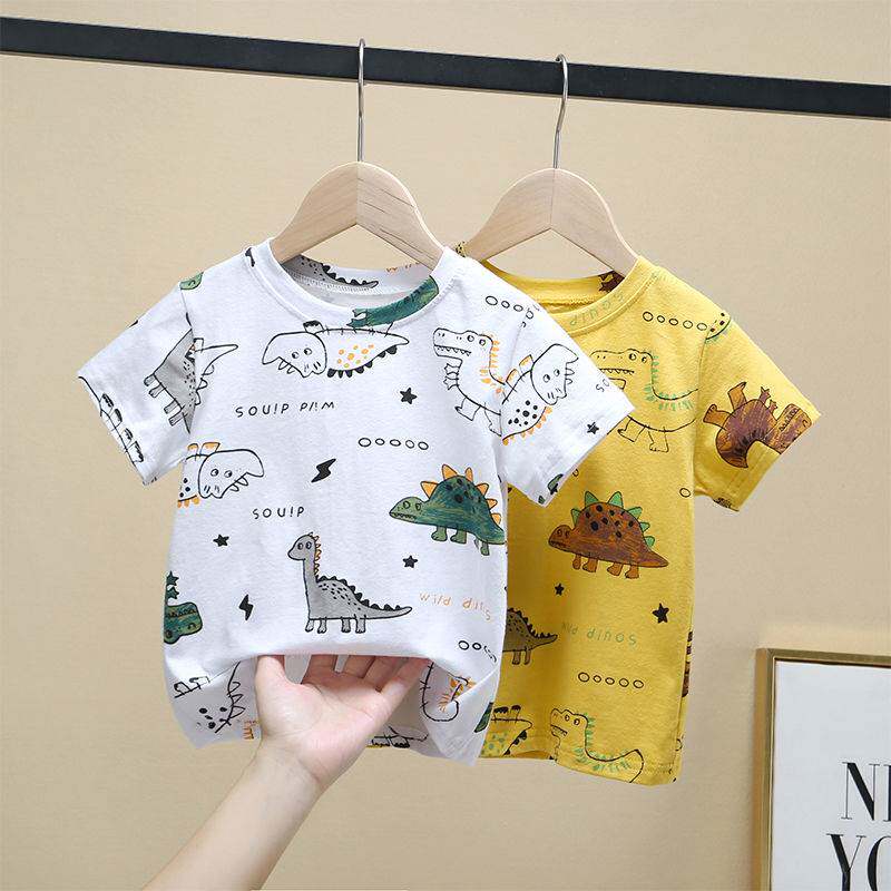 Pure cotton 2022 new boy girl loose short sleeve cartoon small dinosaur Summer middle child jersey T-shirt