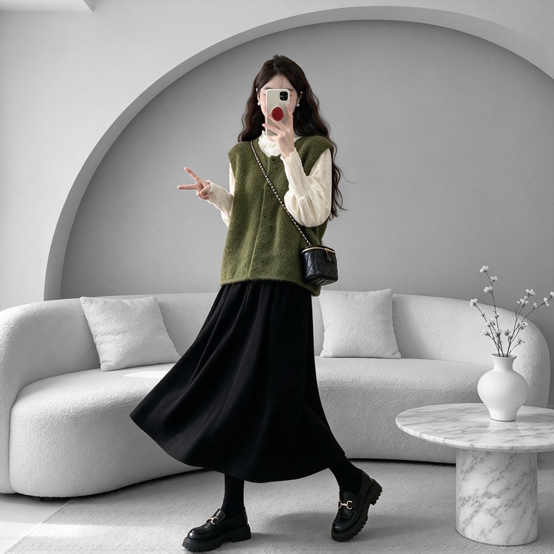Tomchloe Hong Kong Brand Luxury and Sophisticated Style Outfit with a Chinese Flair, Knitted Sweater Dress Three-Piece Set Tomchloe Hong Kong Brand Luxury and Sophisticated Style Outfit with a Chinese Flair, Knitted Sweater Dress Three-Piece Set