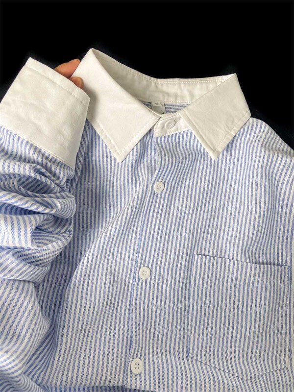 Blue Striped Long-Sleeved Shirt for Women, Unique Design, Contrasting Color Patchwork Top, 2024 New Style, Retro Style Shirt