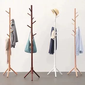 Simple solid wood coat rack floor vertical bag storage coat rack bedroom storage living room clothes rack household single rod