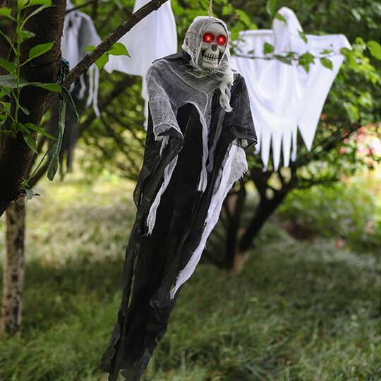 Halloween Decoration Glowing Eyes Hanging Ghost Outdoor Scene Scary Horror Costume Holiday Event Haunted House Setup