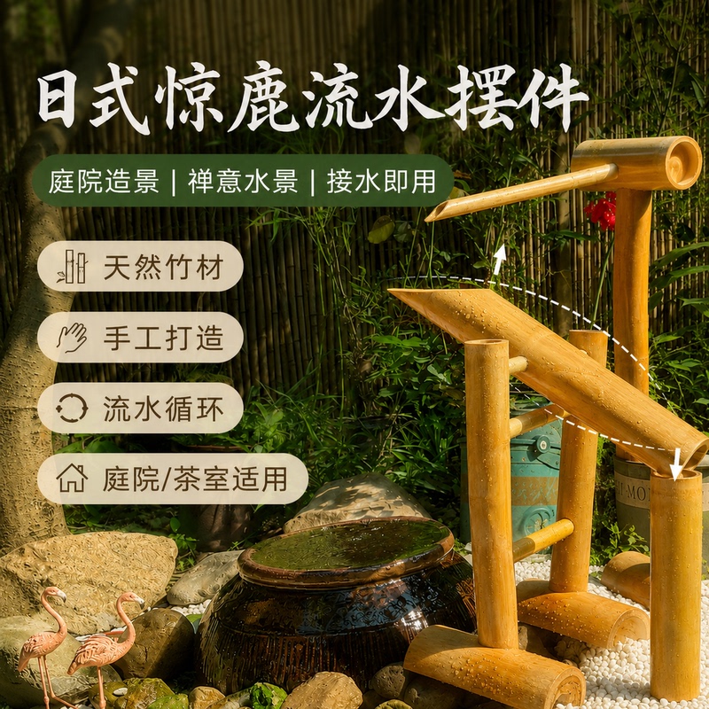 Japanese-Style Deer-Attracting Rockery with Moving Water Feature, Bamboo Raft, Courtyard Monk Statue, Complete Set of Bird-Attracting Pots and Bowls, Decorative Stone Trough Japanese-Style Deer-Attracting Rockery with Moving Water Feature, Bamboo Raft, Courtyard Monk Statue, Complete Set of Bird-Attracting Pots and Bowls, Decorative Stone Trough