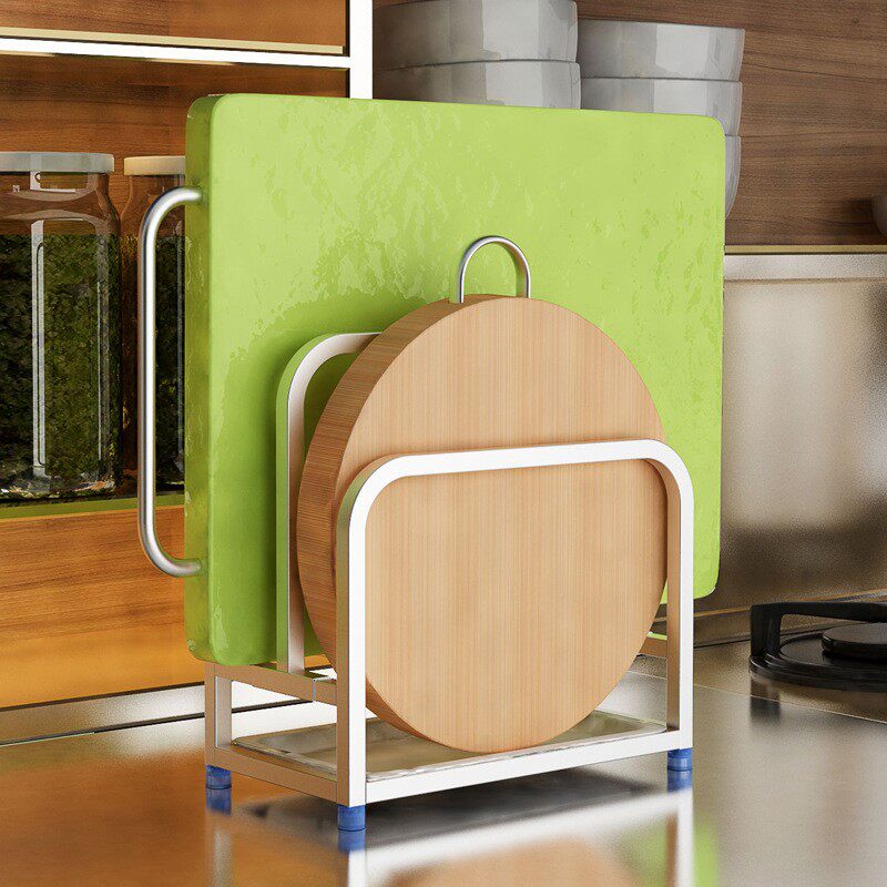 Creative double-layer stainless steel cutting board shelf seat floor-to-ceiling large round thick cutting board rack kitchen countertop storage shelf wall hanging