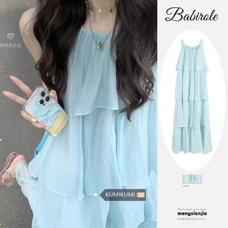 Blue Seaside Dress Long Skirt Women's Summer Elegant Loose Suspender Skirt Sleeveless Vest Dress Skirt