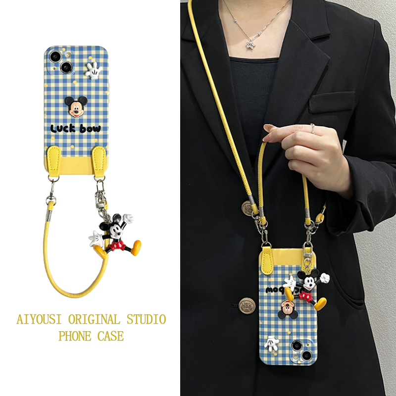 Aiyousi 韓国のチェック柄立体漫画人形 Apple 16promax 携帯電話ケース 14 ハンドストラップ iPhone15pro 楽しい 13/12 落下防止 11pro ニッチ xr/x クロスボディに適しています
