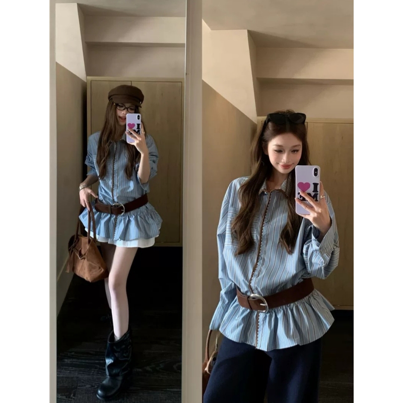 Blue Striped Shirt Dress for Women, Retro Early Autumn Long-Sleeved Shirt Short Skirt, Korean Style Preppy Polo Collar Dress Blue Striped Shirt Dress for Women, Retro Early Autumn Long-Sleeved Shirt Short Skirt, Korean Style Preppy Polo Collar Dress