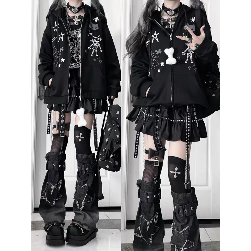 Gothic subculture black hoodie for women, autumn and winter Japanese style hooded top, dark skull cat ear hooded jacket
