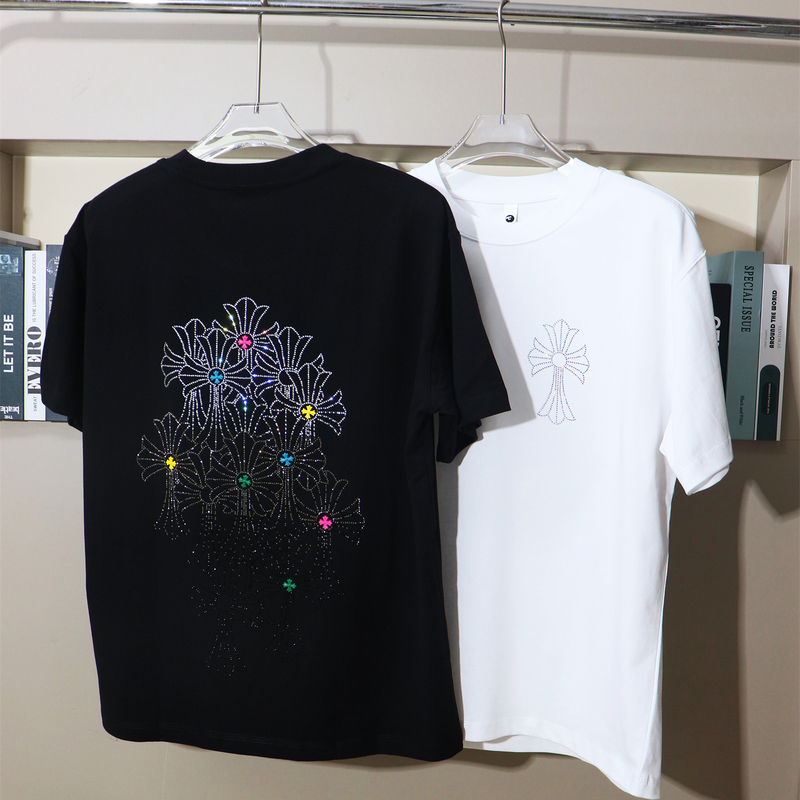 European Style Heavy-Duty Rhinestone Cross Oversized Fashion Niche Short-Sleeve T-Shirt with Unique Five-Point Shorts Trendy Brand Shorts