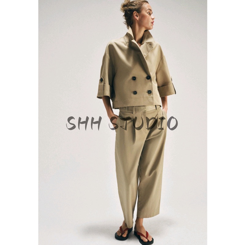 Za Original 26 Spring/Summer Women's French-Style Simple Lapel Short-Sleeve Double-Breasted Short Trench Coat 3046229