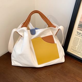 Korean niche design contrast color stitching canvas bag ladies one-shoulder portable tote bag all-match casual messenger bag