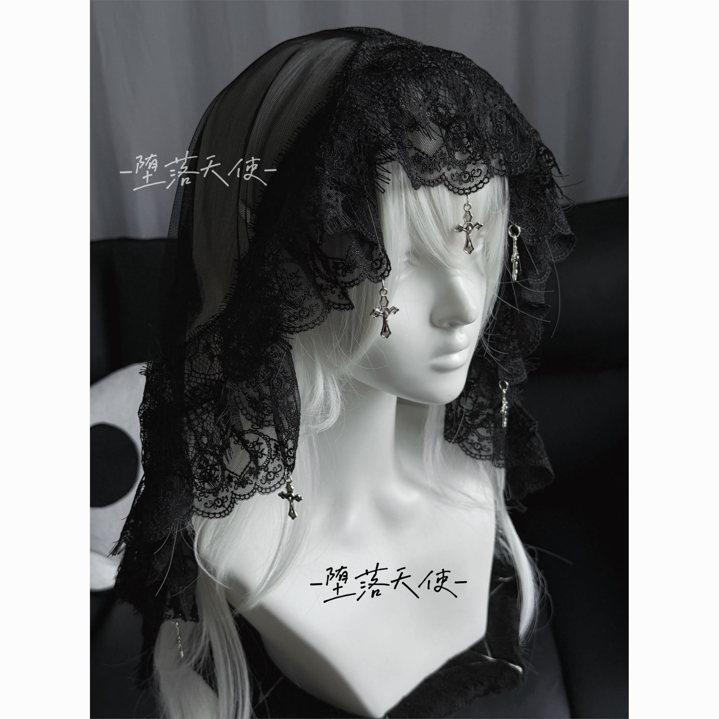 2026 New Original Lolita Lace Cross Pendant Gothic Black and White Wedding Veil Photo Prop