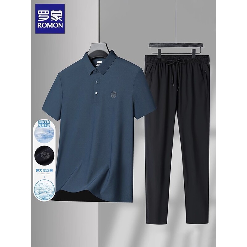 Romon/Romon Summer Ice Silk Short-Sleeved T-Shirt Casual Suit Men's Business Casual Skin-Friendly Breathable Two-Piece Set