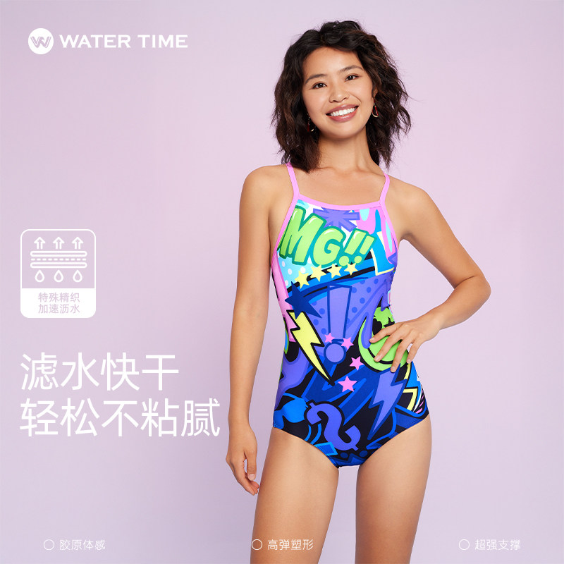 WaterTime胶原泳衣女2025新款连体鬼马三角游泳馆专用竞速游泳衣
