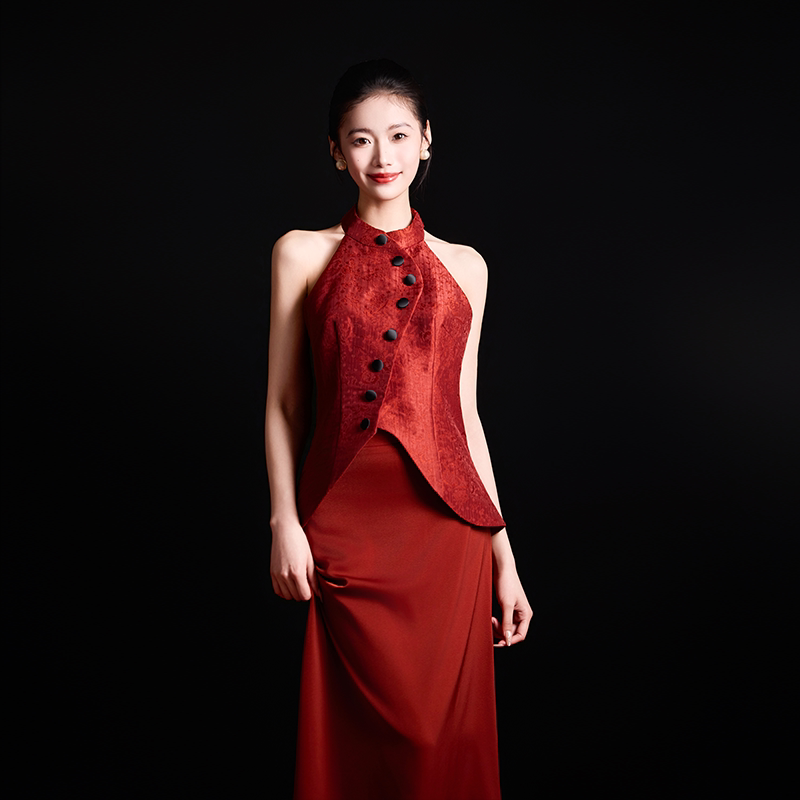 Dear Peony Red Engagement Dress Chinese Style Morning Gown Bride Wedding Toast Dress Banquet Backless Halter Long Dress
