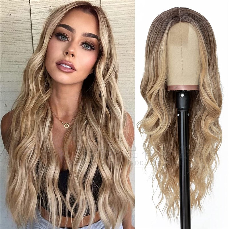 Wig European and American Style Women's Lace Front Wig with Middle Part, Small Lace Highlights, Long I-Curl Synthetic Hair Wig for Export Wig