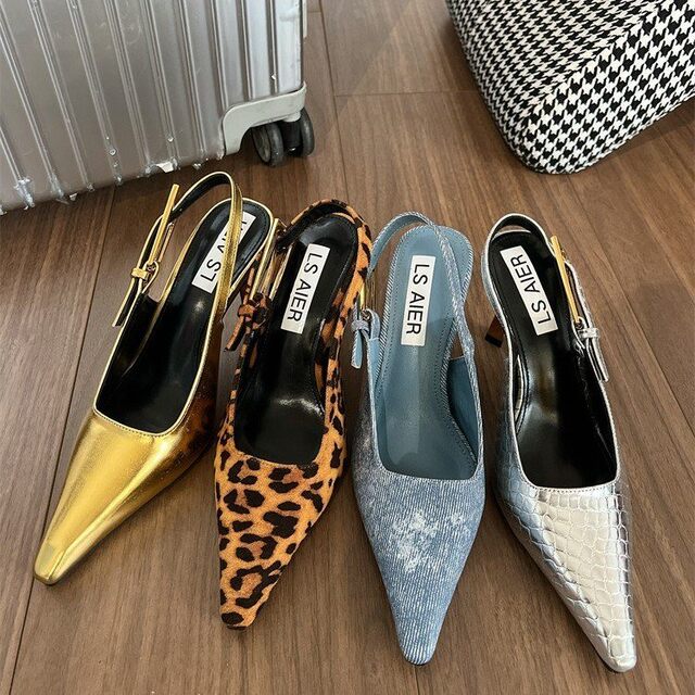 Summer New Patent Leather Crocodile Pattern Sandals, Feminine Stiletto Heels, Small Square Toe, Elegant High Heels, Backless Single Shoes