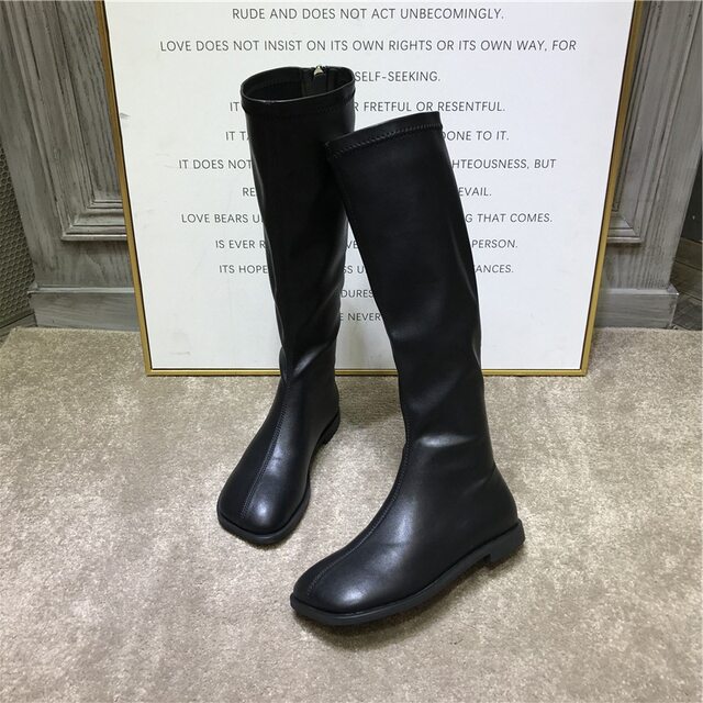 South Korea's Dongdaemun 2024 Autumn and Winter New Square-Toe Retro Flat Elastic High Boots British Style Riding Boots