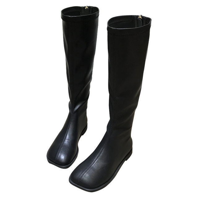 South Korea's Dongdaemun 2024 Autumn and Winter New Square-Toe Retro Flat Elastic High Boots British Style Riding Boots