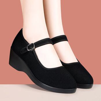 Old Beijing Cloth Shoes for Women, with Soft Rubber Soles, Non-Slip, Velvet, Comfortable for Long Standing, Black Hotel Wedge Work Shoes