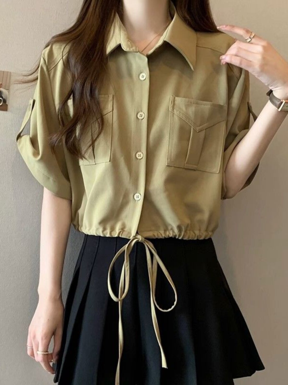 Casual American Workwear Tie-Front Crop Top – Summer Loose Plus Size Shirt