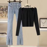 Комплект, трикотажный свитер, джинсы, осенний